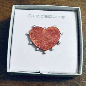 Vintage Liz Claiborne Red Mother of Pearl Clear Rhinestones Heart Brooch Pin NIB